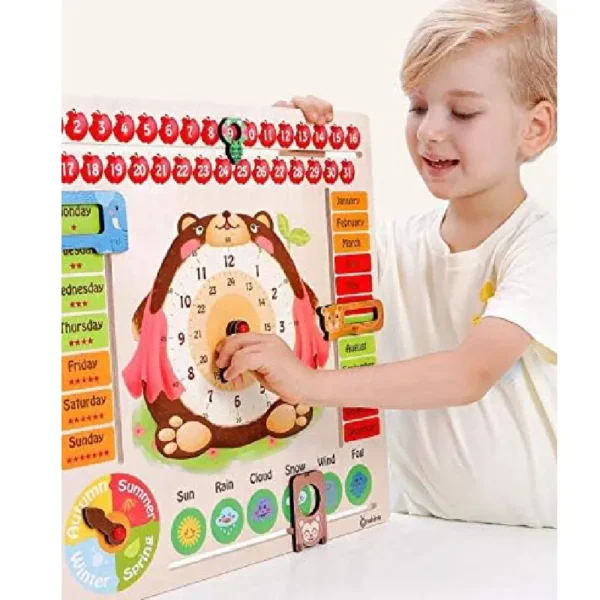 Jucarie Montessori Calendar Ursulet cu Ceas din Lemn