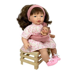 Papusa Nines D'Onil, Nines, cu parul saten, cu bebelus, cu miros de vanilie, 40 cm