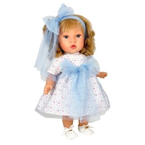 Papusa Nines D'Onil, Susette Tul, cu parul blond, cu sunete, cu funda albastra, cu miros de vanilie, 45 cm