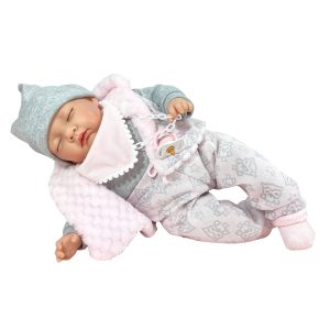 Papusa Nines D'Onil, Snow, nou-nascut, cu sunete, cu ochii inchisi, ambalata in cutie, cu miros de vanilie, 45 cm