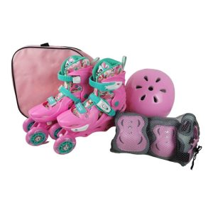Set Patine cu Role Roz Reglabile 33-36 pentru Fete