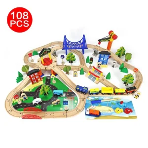 Circuit cu Masinute si Trenulet din Lemn 108Piese