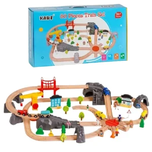 Circuit cu Masinute si Trenulet din Lemn 80 Piese