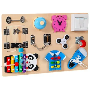 Placa Montessori Busy Board Panda cu Activitati Senzoriale