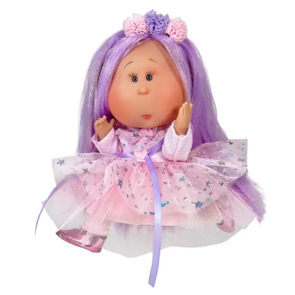 Papusa Nines D'Onil, Mia, cu parul mov, cu sclipici, cu articulatii, cu miros de vanilie, 30 cm
