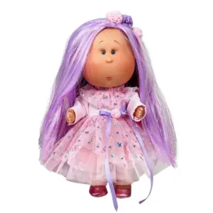 Papusa Nines D'Onil, Mia, cu parul mov, cu sclipici, cu articulatii, cu miros de vanilie, 30 cm