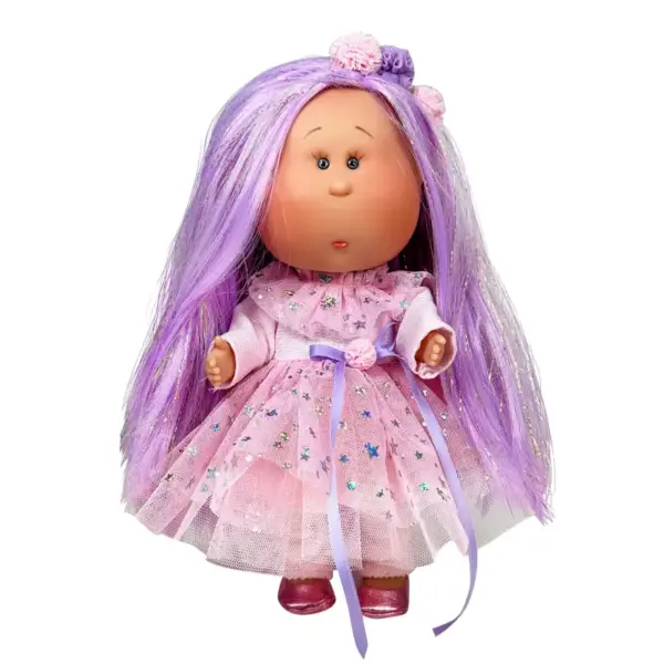 Papusa Nines D'Onil, Mia, cu parul mov, cu sclipici, cu articulatii, cu miros de vanilie, 30 cm