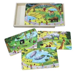 Puzzle Lemn 4 in 1 Animale la Zoo Cutie Tematica