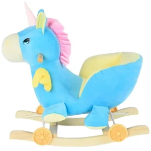 Unicorn Bleu Balansoar Muzical cu Spatar si Roti