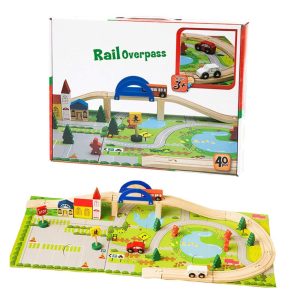 Circuit din Lemn Masinute Peisaje 40Piese Rail Overpass