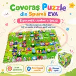 Covor Puzzle Copii din Spuma EVA 4 Piese 60x60 cm cu Cifre si Traseu