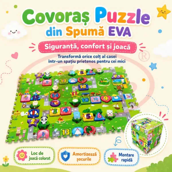 Covor Puzzle Copii din Spuma EVA 4 Piese 60x60 cm cu Cifre si Traseu