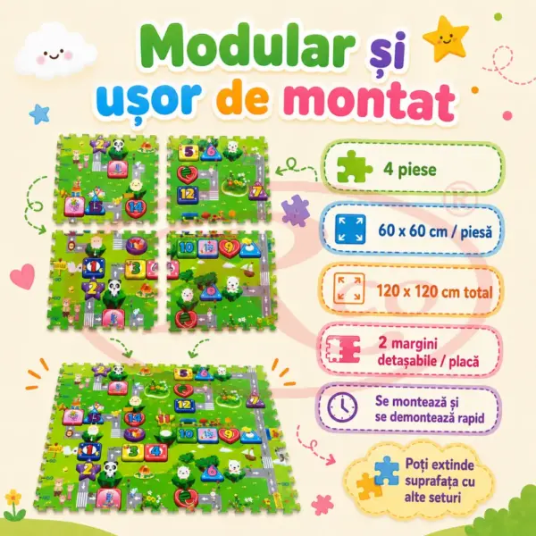 Covor Puzzle Copii din Spuma EVA 4 Piese 60x60 cm cu Cifre si Traseu
