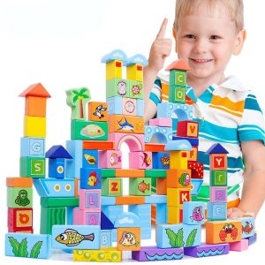 Set Constructie Lemn Montessori 100 Piese Ocean Blocks