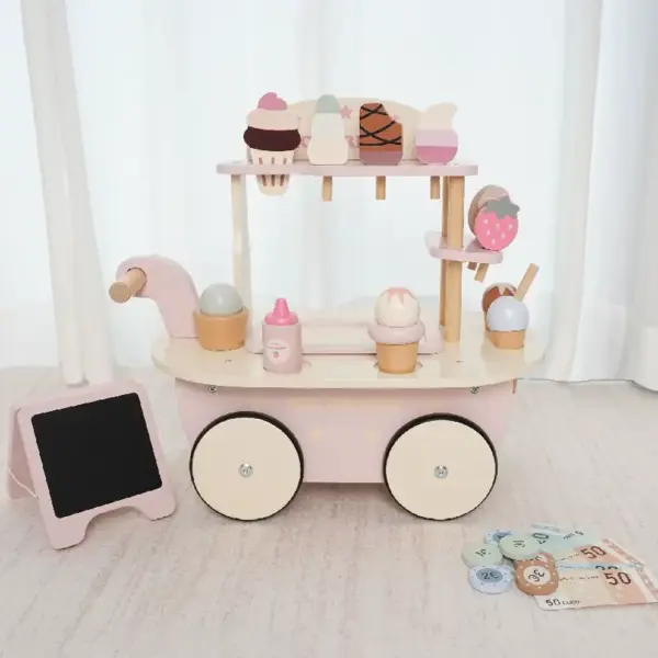 Carucior Inghetata Jucarie din Lemn cu Accesorii
