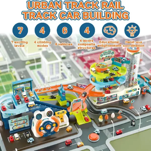 Set Parcare 4 Etaje cu Piste Lift Auto Volan si Masinute