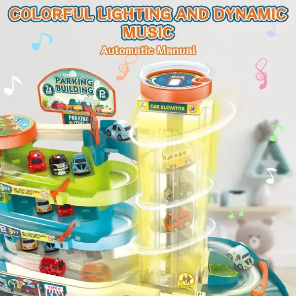 Set Parcare 4 Etaje cu Piste Lift Auto Volan si Masinute
