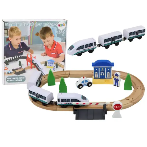 Circuit din Lemn cu Trenulet Pod si Statie de Politie Caratoys