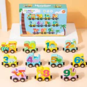 Trenulet din Lemn cu Dinozauri si Cifre Prindere Magnetica