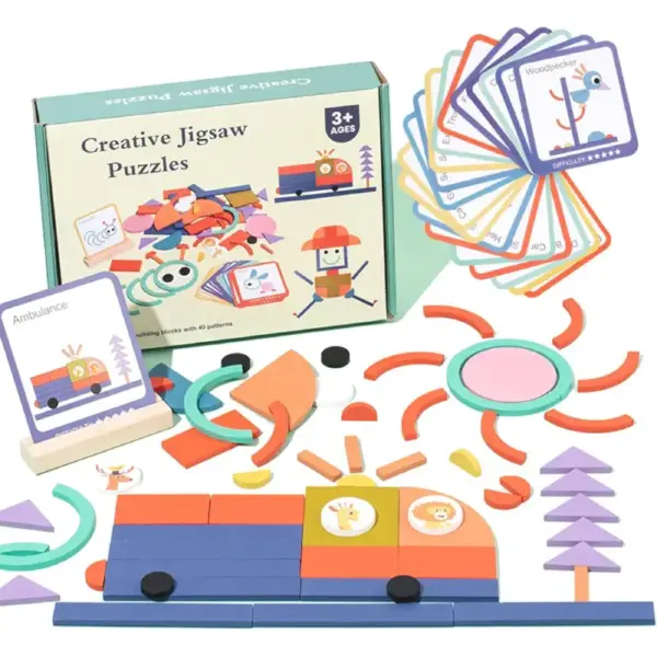 Puzzle Tangram din Lemn cu 100 Forme Geometrice si 40 Sabloane Puzzle Tangram din Lemn cu 100 Forme Geometrice si 40 Sabloane