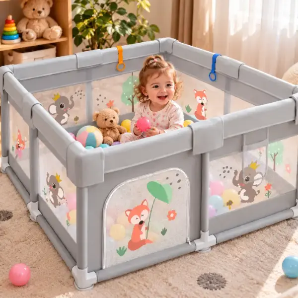 Tarc de Joaca 120×120 cm cu Covor si 50 Bile pentru Bebelusi