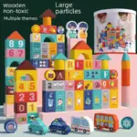 Set 100 Cuburi Mari din Lemn cu Litere si Cifre in Galetusa Sortator