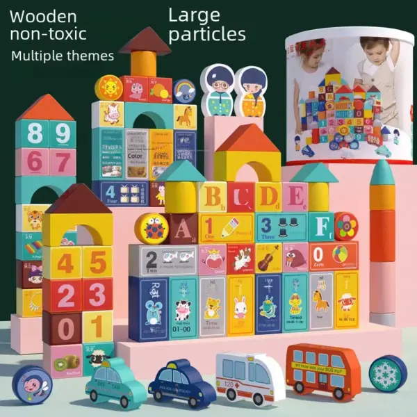 Set 100 Cuburi Mari din Lemn cu Litere si Cifre in Galetusa Sortator