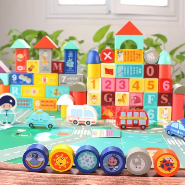 Set 100 Cuburi Mari din Lemn cu Litere si Cifre in Galetusa Sortator