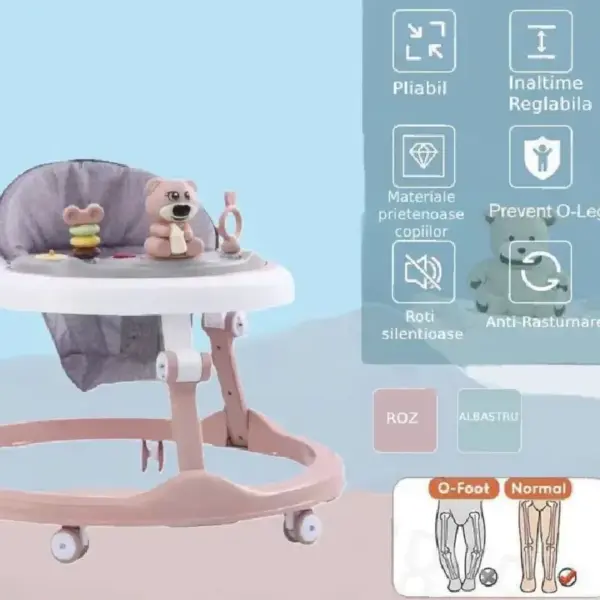 Premergător Bebe Baby Walker cu Jucării Interactive și Reglaj pe Înălțime