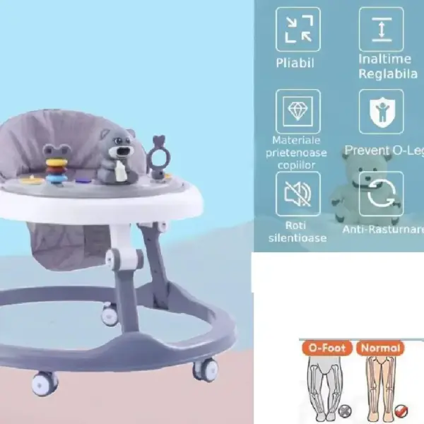 Premergător Bebe Baby Walker Gri Reglabil cu Jucării Interactive