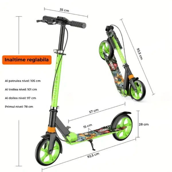 Trotineta Verde Pliabila cu Roti Mari si Frana pentru Copii