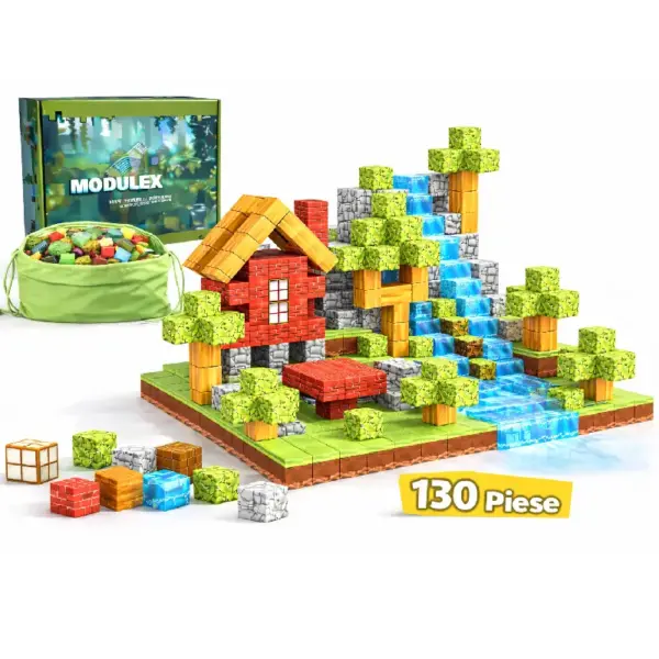 Jucarie STEM Set Constructie 130 Cuburi Magnetice Tip Minecraft