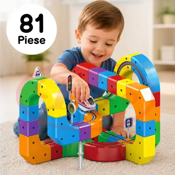 Circuit Trenulet Electric Magnetic 3D Set Constructie 81 Piese 3 ani+