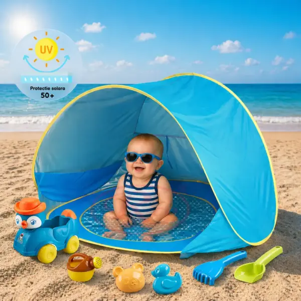 Cort Pop-Up de Plajă pentru Bebeluși cu Mini Piscină și Protecție UV 50+