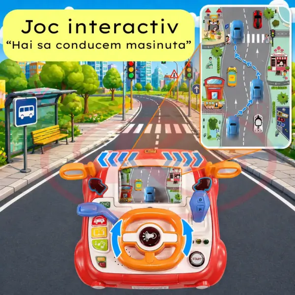 Simulator Auto Interactiv Rosu cu Volan, Lumini și Sunete pentru Copii