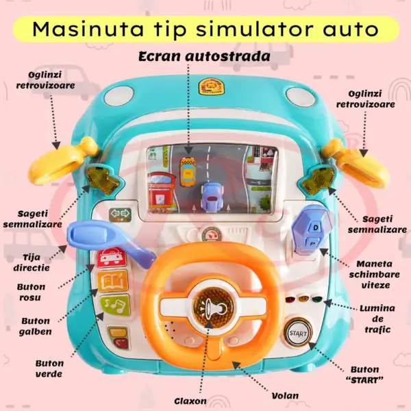 Simulator Auto Interactiv cu Volan, Lumini și Sunete pentru Copii