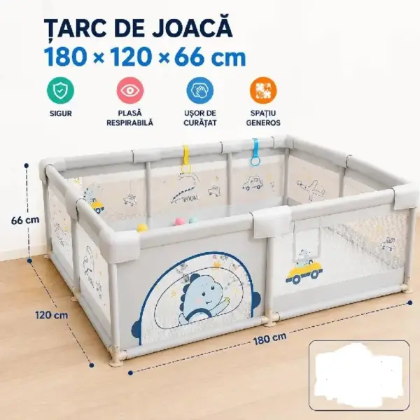 Tarc Joacă Mare 180x120 Dinozaur cu 60 Bile pentru Bebelusi si Copii