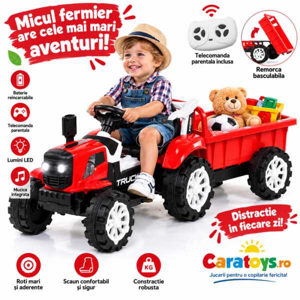 Tractor Electric Rosu cu Remorca Basculabila si Telecomanda pentru Copii