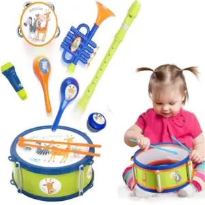 Set Instrumente Muzicale pentru Copii cu Toba, Trompeta, Tamburina, Fluier si Maracas