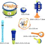 Set Instrumente Muzicale pentru Copii cu Toba, Trompeta, Tamburina, Fluier si Maracas
