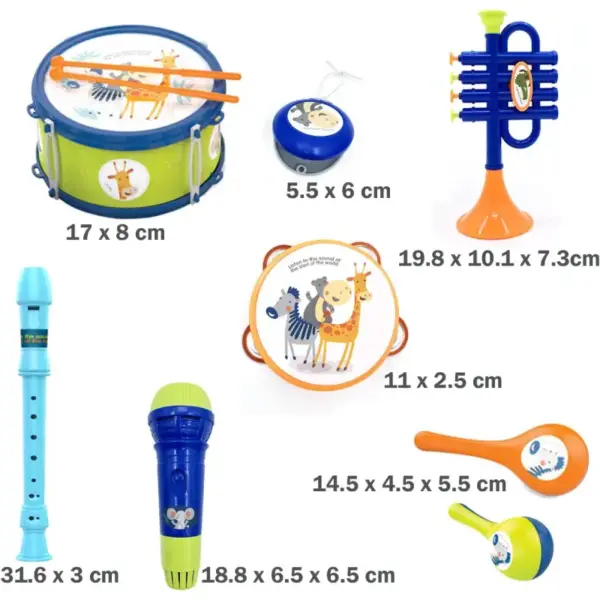 Set Instrumente Muzicale pentru Copii cu Toba, Trompeta, Tamburina, Fluier si Maracas
