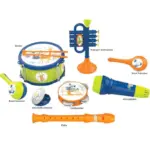 Set Instrumente Muzicale pentru Copii cu Toba, Trompeta, Tamburina, Fluier si Maracas
