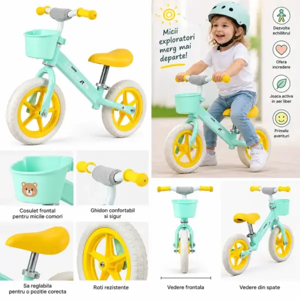 Bicicleta Fara Pedale cu Cosulet si Sa si Ghidon Reglabile pentru Copii