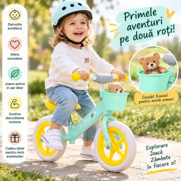 Bicicleta Fara Pedale cu Cosulet si Sa si Ghidon Reglabile pentru Copii