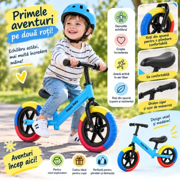 Bicicleta Fara Pedale Happy Baby pentru Copii, Roti din Spuma, Albastru Multicolor