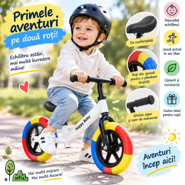Bicicleta Fara Pedale Happy Baby cu Roti din Spuma pentru Copii