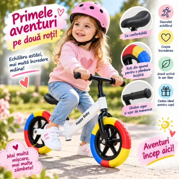 Bicicleta Fara Pedale Happy Baby cu Roti din Spuma pentru Copii