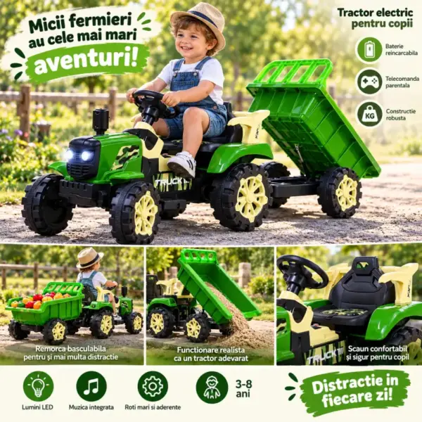 Tractor Electric Verde cu Remorca Basculabila si Telecomanda pentru Copii