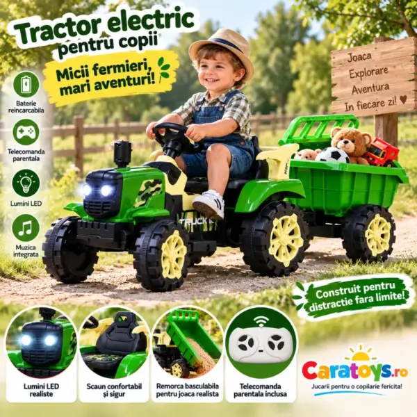 Tractor Electric Verde cu Remorca Basculabila si Telecomanda pentru Copii
