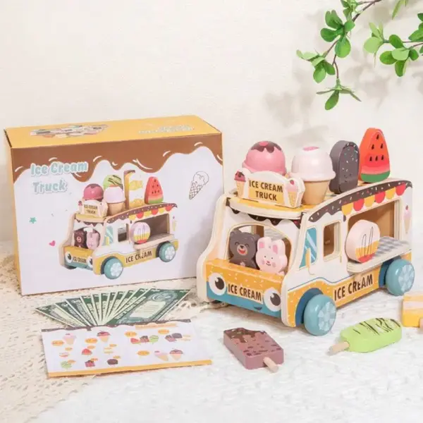 Masinuta Ice Cream Truck din Lemn cu Inghetate si Accesorii pentru Copii